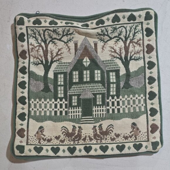 Vintage Embroidered Farm Home Heart Border Chicken Pattern Cushion Pillow Cover - Picture 2 of 2